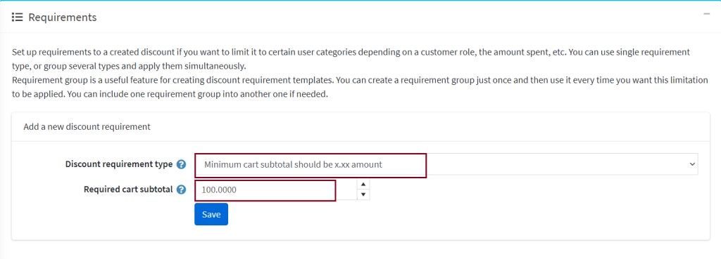 discount cart subtotal requirement